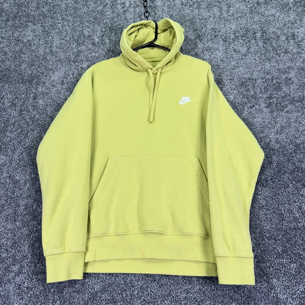 Nike Hoodie Mens Large Yellow Fleece Pullover Small Swoosh Logo Athletic Casual
